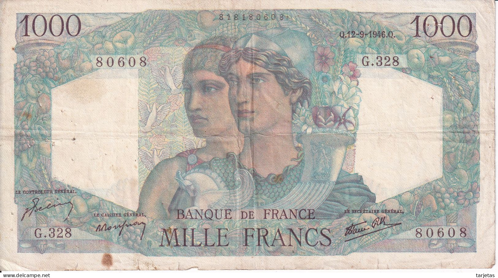 BILLETE DE FRANCIA DE 1000 FRANCS DEL AÑO 1946 (BANKNOTE) MINERVE ET HERCULE - 1 000 F 1945-1950 ''Minerve Et Hercule''