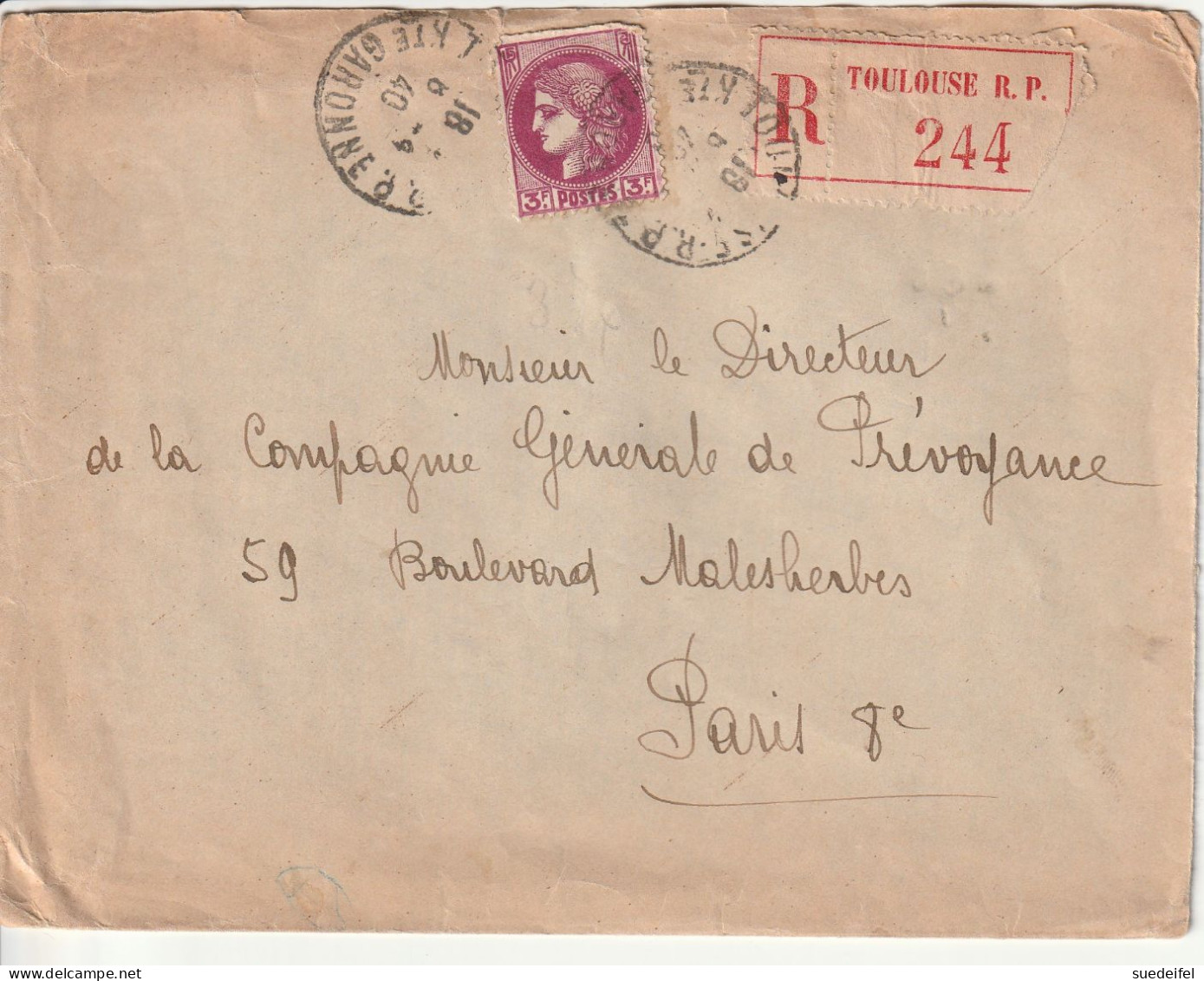 Lettre Recommandre, Toulouse Par Paris, 1940 - Cartas & Documentos