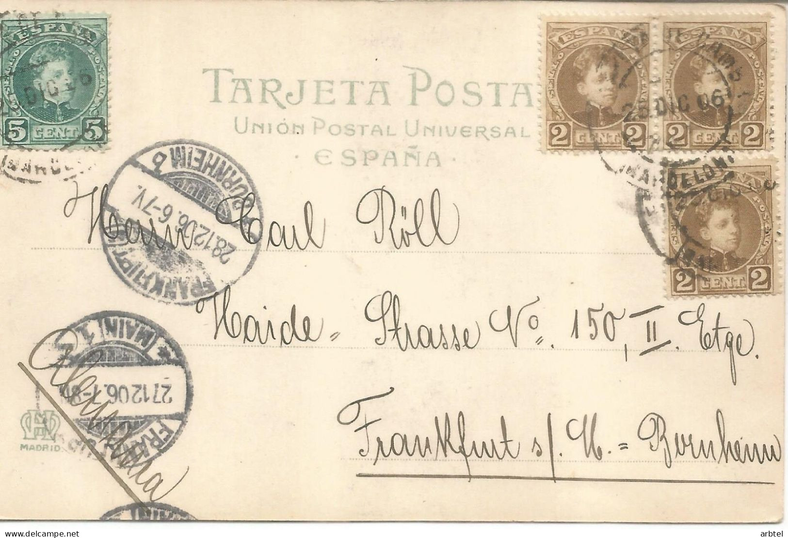 BARCELONA POSTAL MONTSERRAT DORSO SIN DIVIDIR ALFONSO XIII CADETE PARA TARIFA IMPRESOS 1906 - Brieven En Documenten