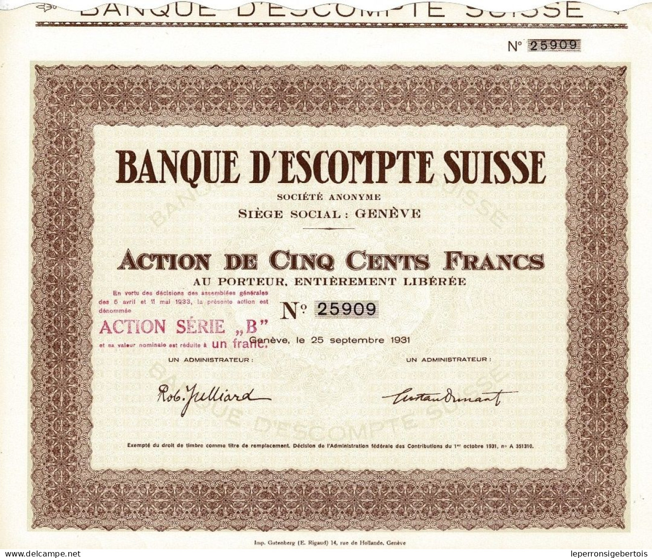 - Titre De 1931 - Banque D'Escompte Suisse - Société Anonyme  - - Banca & Assicurazione