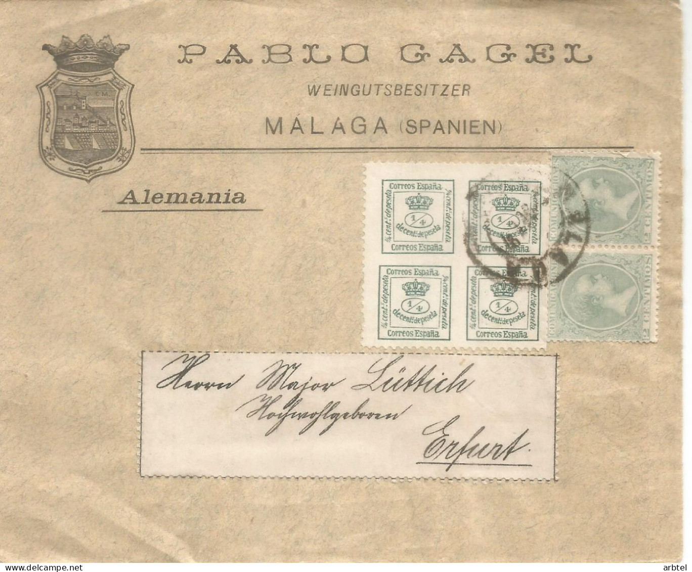 MALAGA A ALEMANIA FRONTAL TARIFA IMPRESOS SELLO CUARTILLOS DENTADOS + ALFONSO XIII PELON - Lettres & Documents