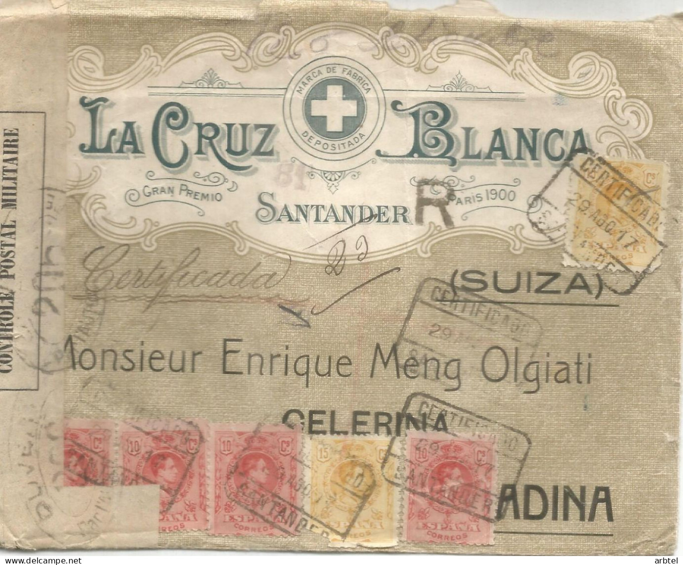 SANTANDER 1917 A CELERINA SUIZA ALFONSO XIII CERTIFICADA CERVECERIA CRUZ BLANCA BEER CON CENSURA MILITAR FRANCESA - Briefe U. Dokumente