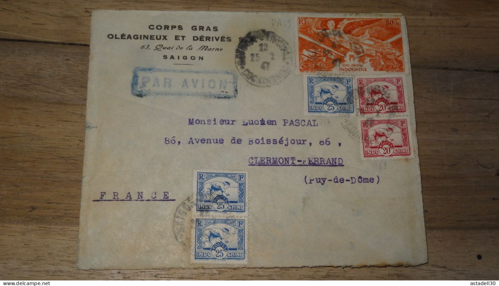 Enveloppe INDOCHINE, Saigon, Avion - 1947   ......... Boite1 ...... 240424-105 - Briefe U. Dokumente