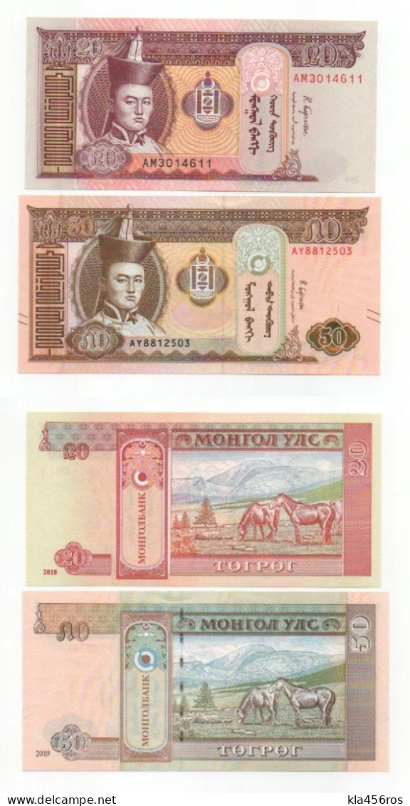 Mongolei  20 Tugrik 2018 UNC, 50 Tugrik 2019 UNC - Mongolei