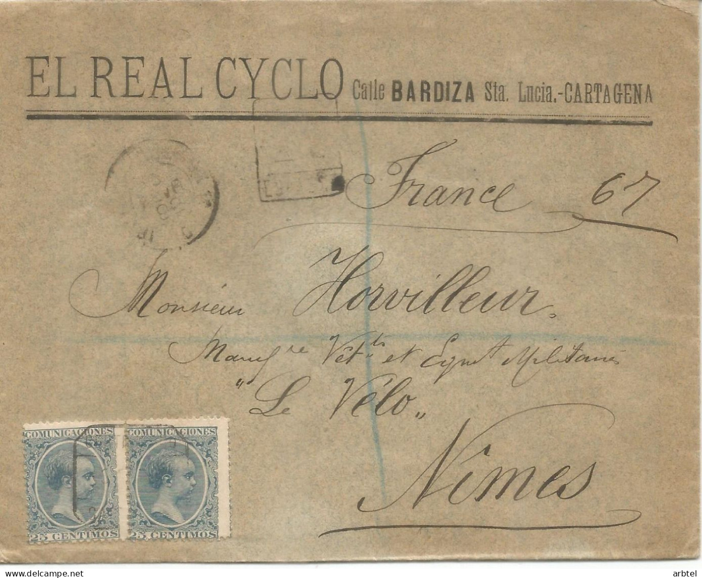 CARTAGENA MURCIA A NIMES ALFONSO XIII PELON CERTIFICADA 1892 REAL CYCLO BICICLETA CYCLING - Briefe U. Dokumente