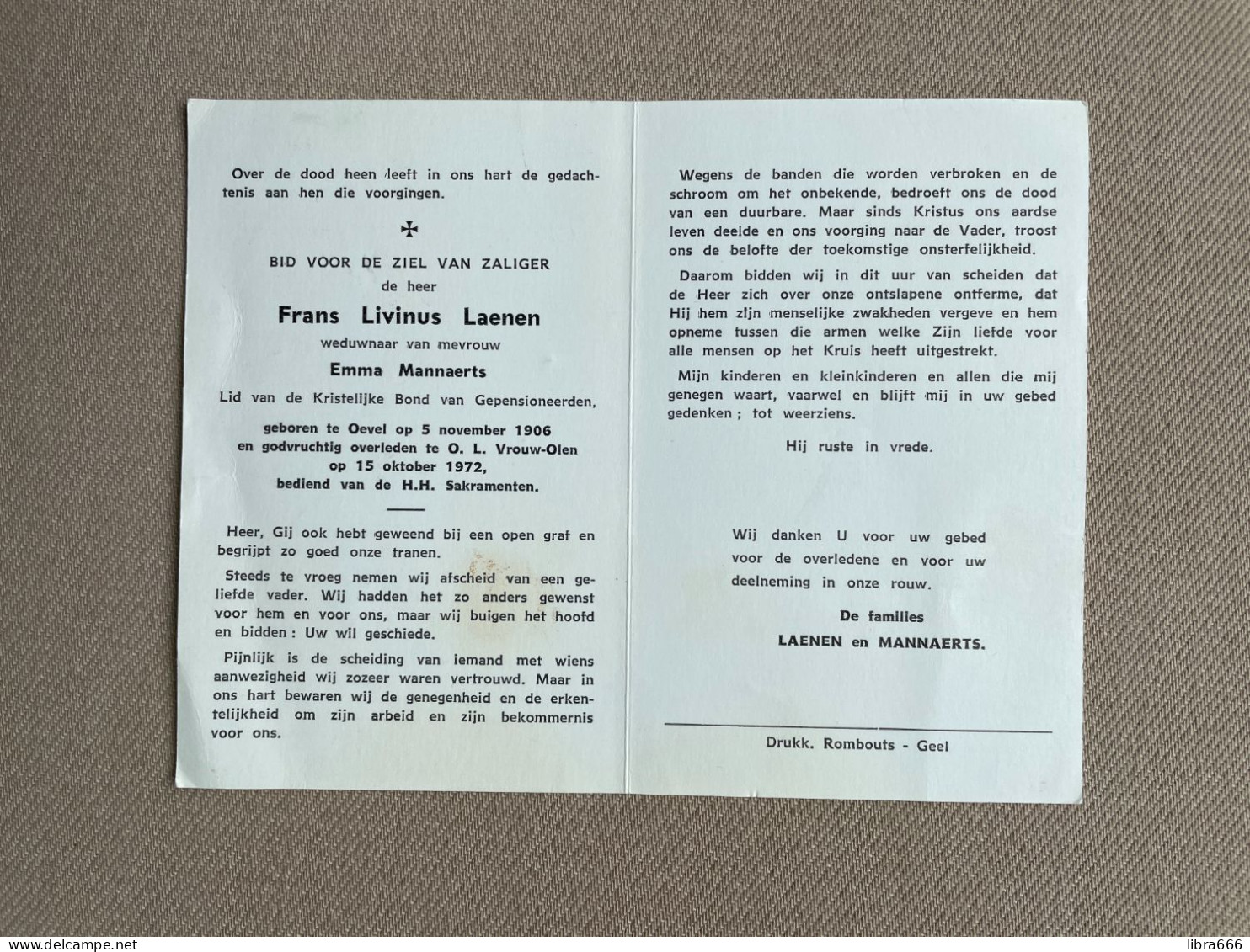 LAENEN Frans Livinus °OEVEL 1906 +ONZE-LIEVE-VROUW-OLEN 1972 - MANNAERTS - Todesanzeige
