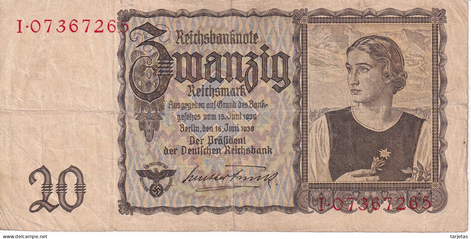 BILLETE DE ALEMANIA DE 20 MARK DEL AÑO 1939  (BANKNOTE) - 20 Reichsmark