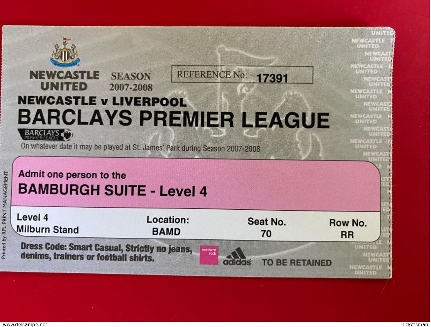 Football Ticket Billet Jegy Biglietto Eintrittskarte Newcastle UTD - Liverpool FC 2007/08 - Biglietti D'ingresso