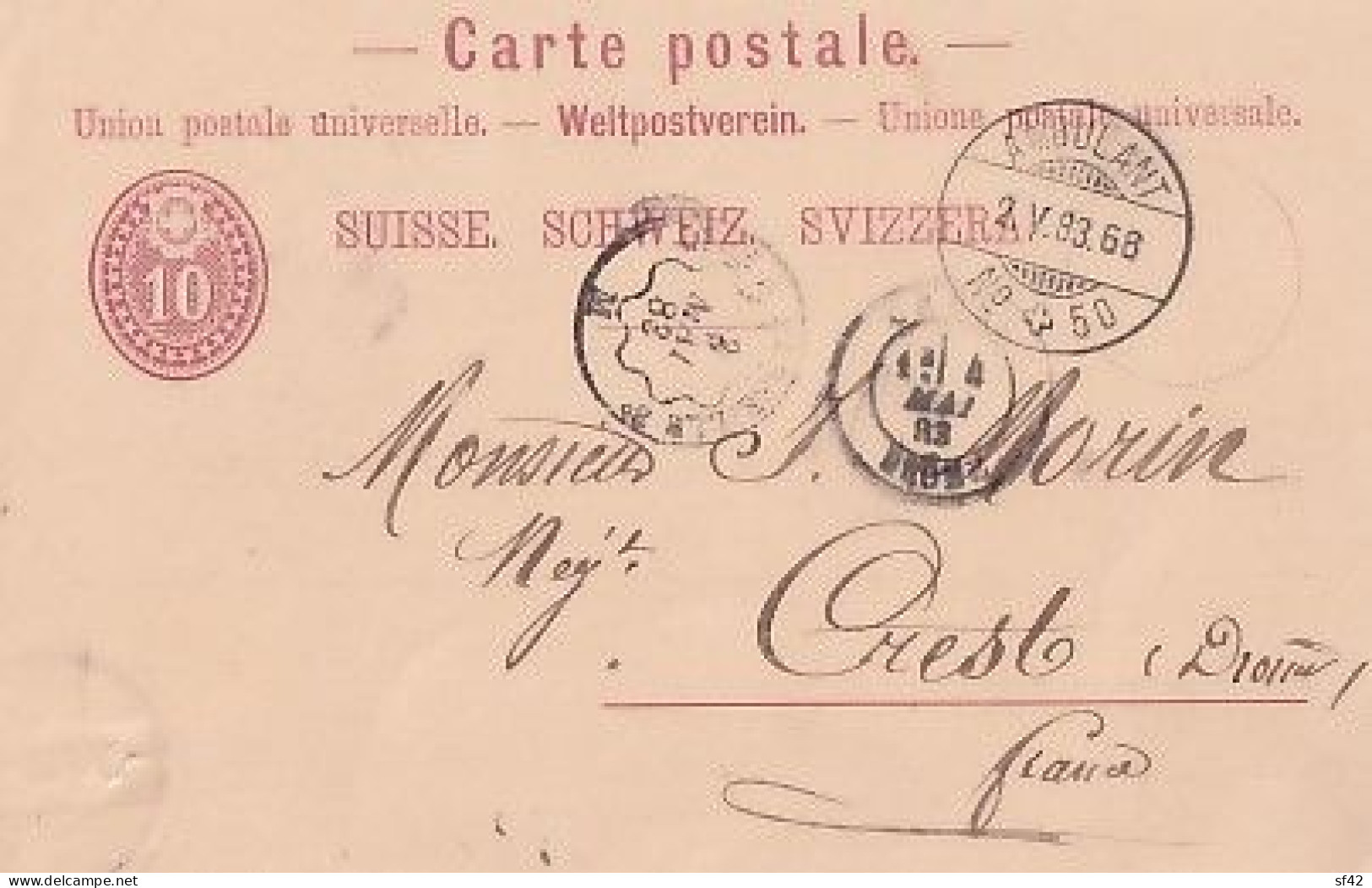 ENTIER 10  C     CACHET AMBULANT N° 50  1883  + CACHET AMBULANT  MARSEILLE A CREST - Enteros Postales