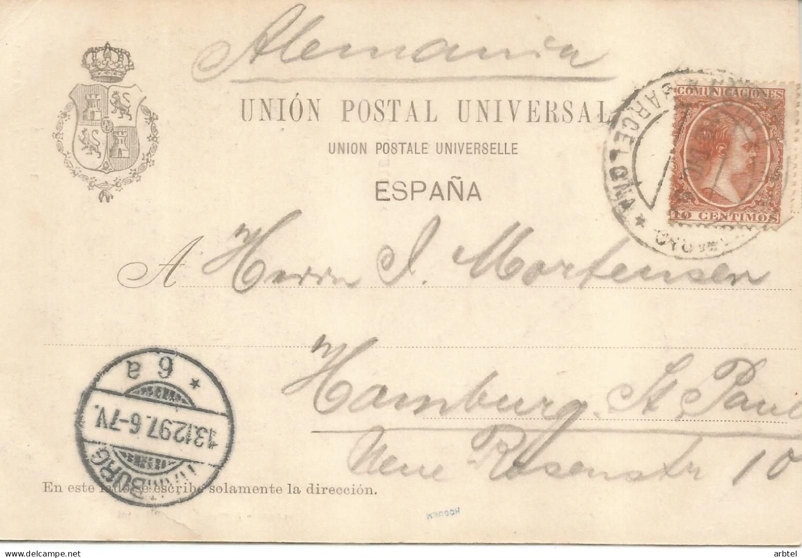 BARCELONA A HAMBURG 1897 TARJETA POSTAL DORSO SIN DIVIDIR SELLO ALFONSO XIII PELON - Storia Postale