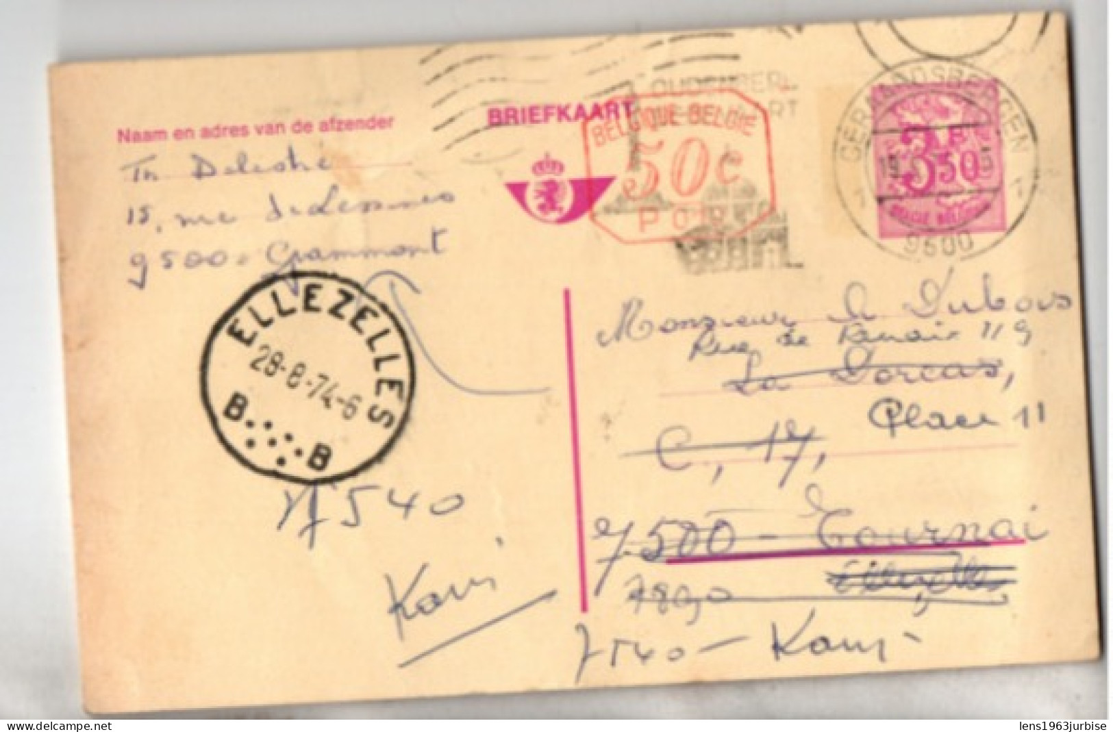 Entiers Postaux , 3 F 50 Violet , Beau Cachet Ellezelles 1974 - Tarjetas 1951-..