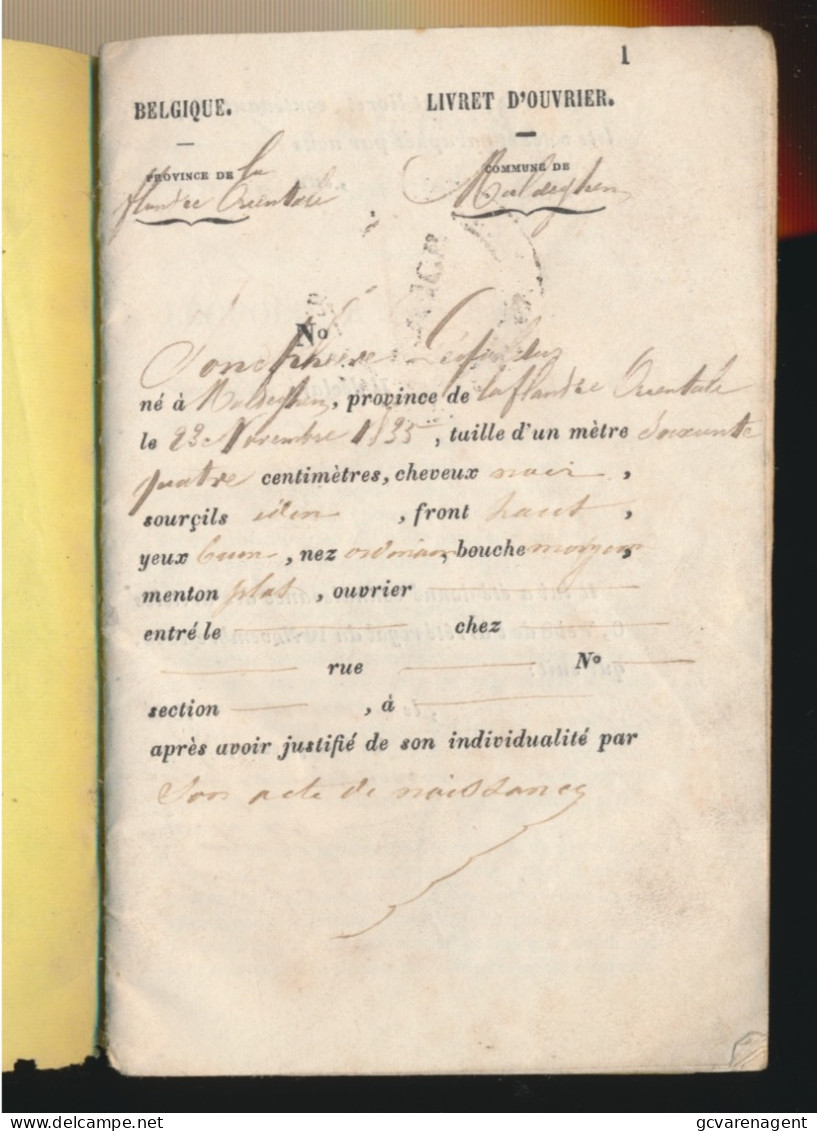 LIVRET D'OUVRIER DELIVRE EN EXECUTION DE L'ARRETE ROYAL DU 10 NOVEMBRE 1845 -,COMMUNE DE MALDEGHEM  1858  VOIR SCANS - Documents Historiques