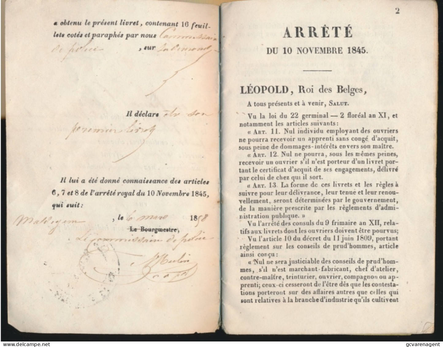 LIVRET D'OUVRIER DELIVRE EN EXECUTION DE L'ARRETE ROYAL DU 10 NOVEMBRE 1845 -,COMMUNE DE MALDEGHEM  1858  VOIR SCANS - Historische Dokumente