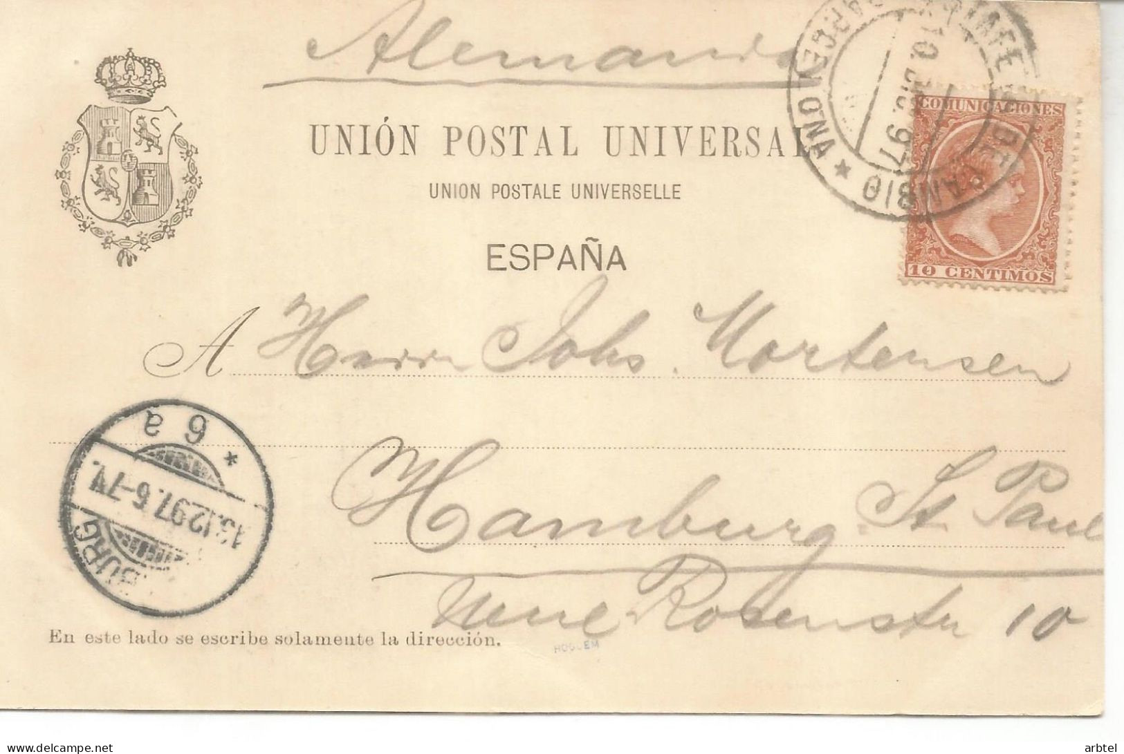 BARCELONA A HAMBURG 1897 TARJETA POSTAL DORSO SIN DIVIDIR SELLO ALFONSO XIII PELON - Storia Postale