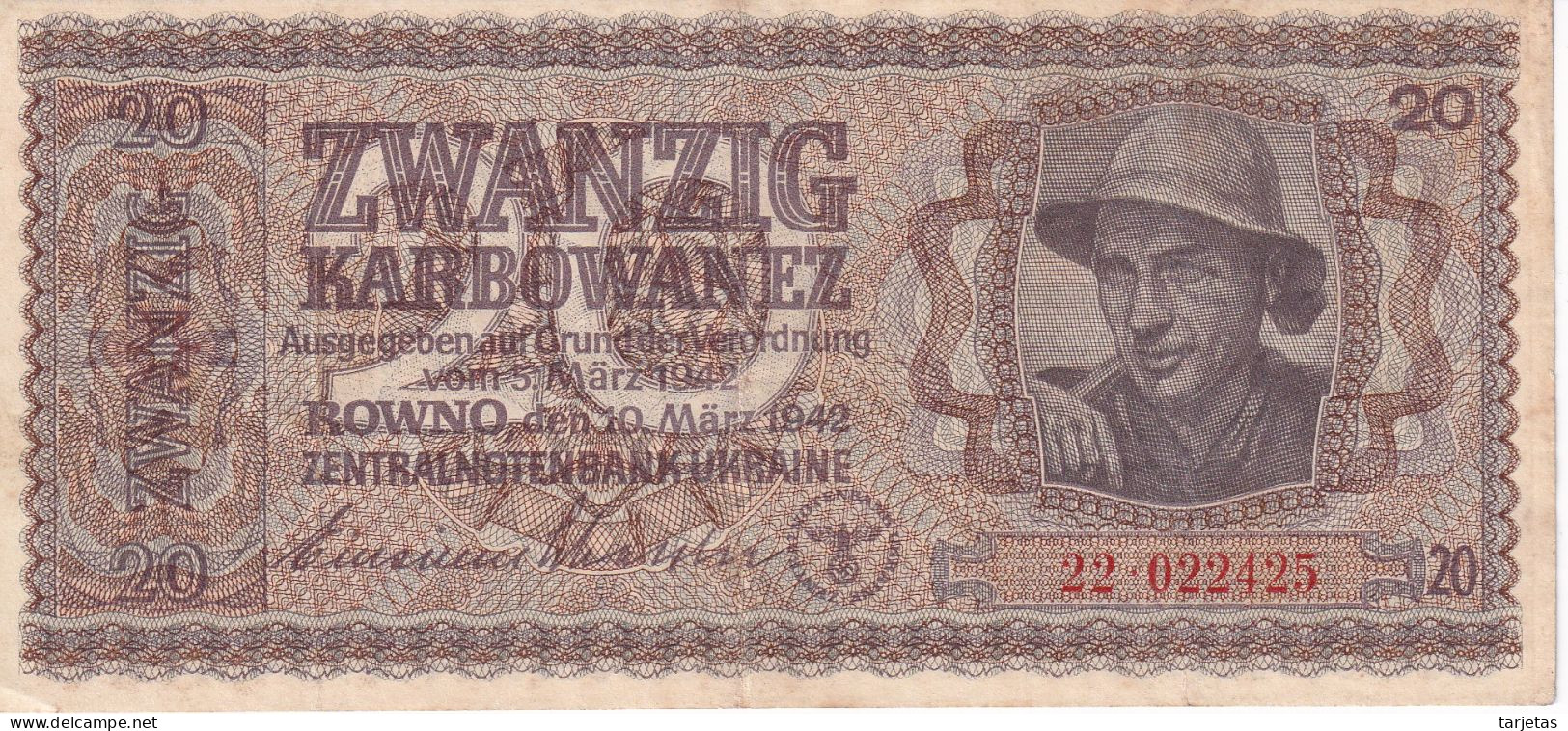 BILLETE DE UCRANIA DE 20 KARBOWANEZ DEL AÑO 1942 EN CALIDAD EBC (XF) (BANKNOTE) - Oekraïne