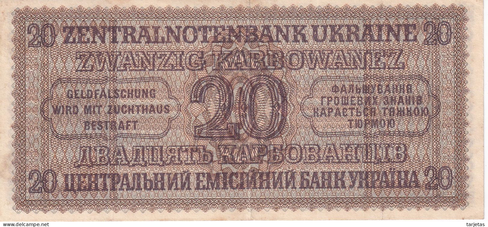 BILLETE DE UCRANIA DE 20 KARBOWANEZ DEL AÑO 1942 EN CALIDAD EBC (XF) (BANKNOTE) - Ucrania