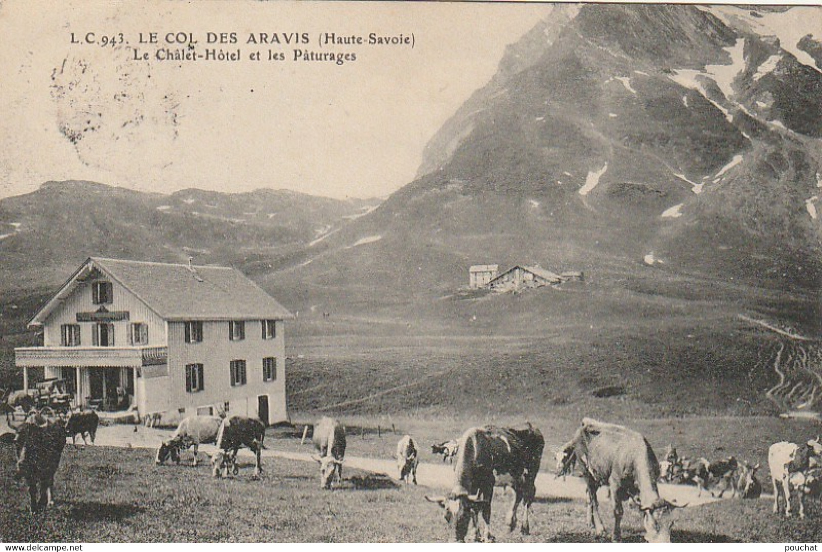 IN 23 - (74)  LE COL DES ARAVIS  - LE CHALET HOTEL ET LES PATURAGES - TROUPEAU DE VACHES - 2 SCANS - Autres & Non Classés