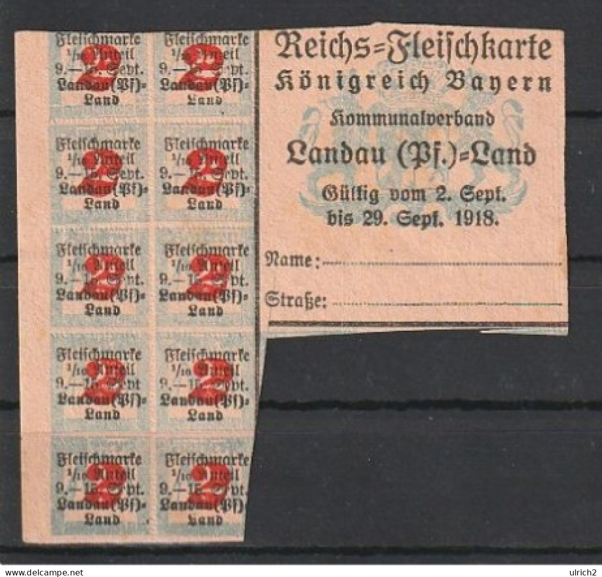 Reichs-Fleischkarte - Fleischmarken - Königreich Bayern - Landau Pfalz - Sept. 1918  (68997) - Historical Documents