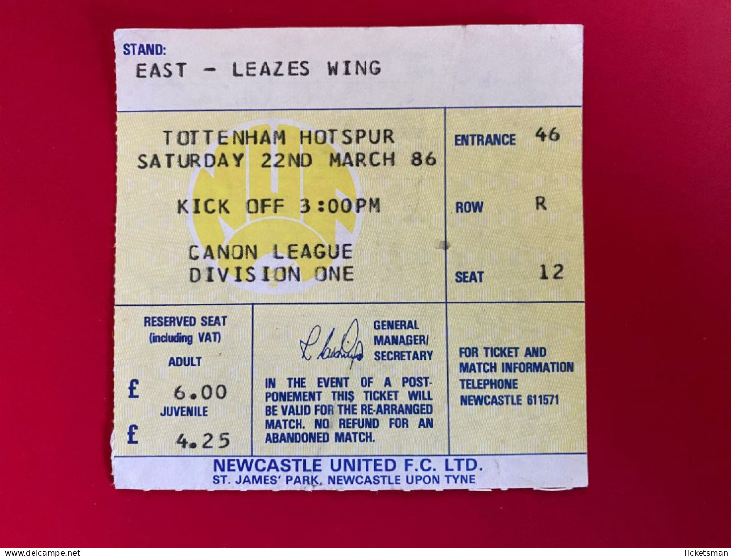 Football Ticket Billet Jegy Biglietto Eintrittskarte Newcastle UTD - Tottenham Hotspur 22/03/1986 - Tickets - Vouchers