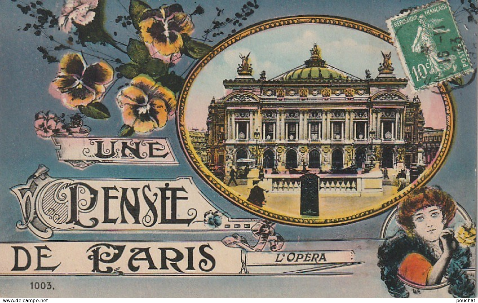 IN 25 -(75) UNE PENSEE DE PARIS - CARTE FANTAISIE  COLORISEE  STYLE ART DECO - MEDAILLONS-  2 SCANS - Other Monuments