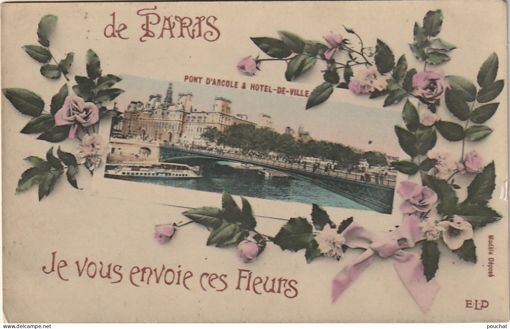 IN 25 -(75)" DE PARIS JE VOUS ENVOIE CES FLEURS " - CARTE FANTAISIE - VUE DU PONT D'ARCOLE ET HOTEL DE VILLE  -  2 SCANS - Bruggen