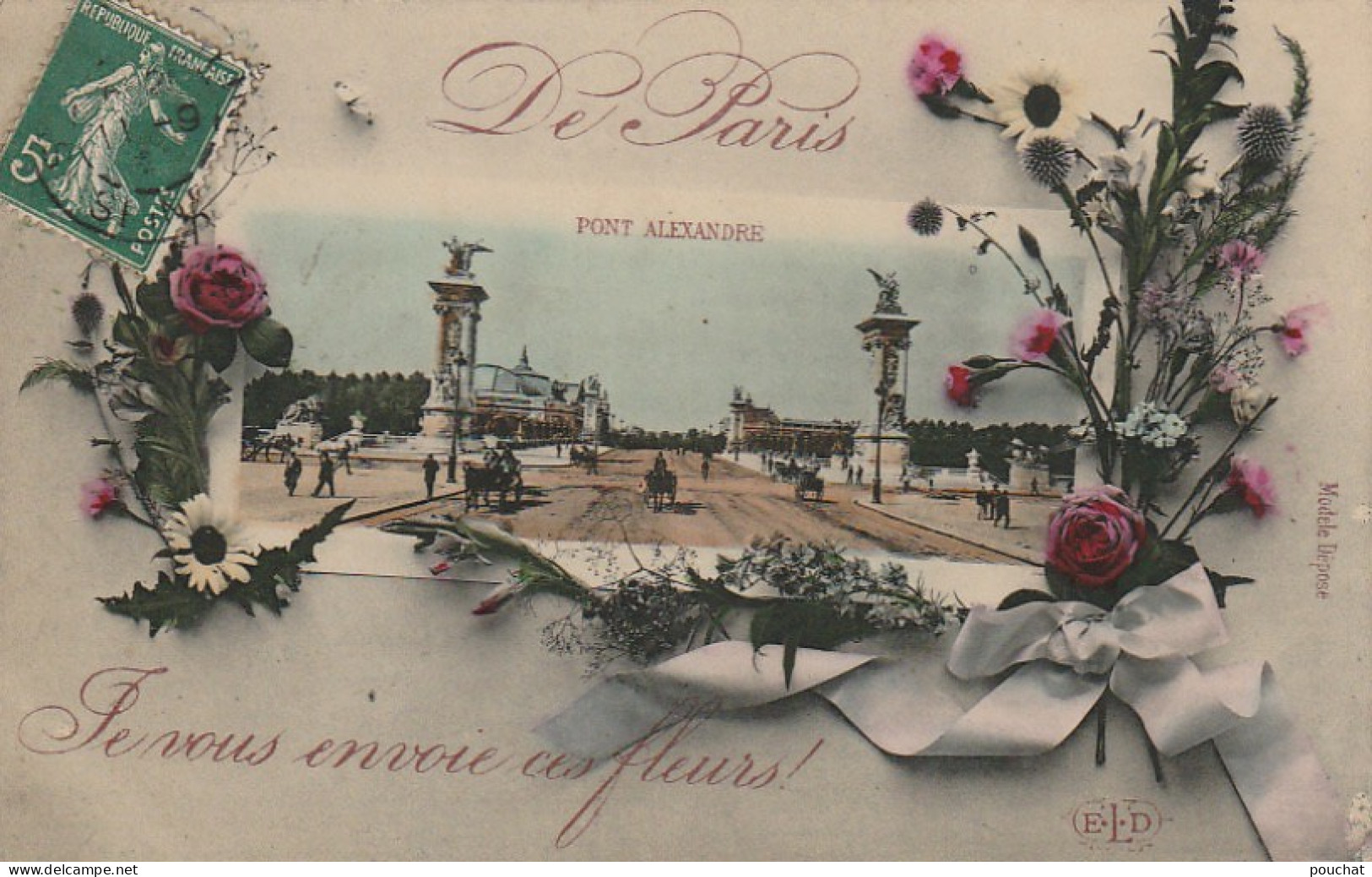 IN 25 -(75) " DE PARIS JE VOUS ENVOIE CES FLEURS " - VUE DU PONT ALEXANDRE III - CARTE FANTAISIE COULEURS - 2 SCANS - Brücken