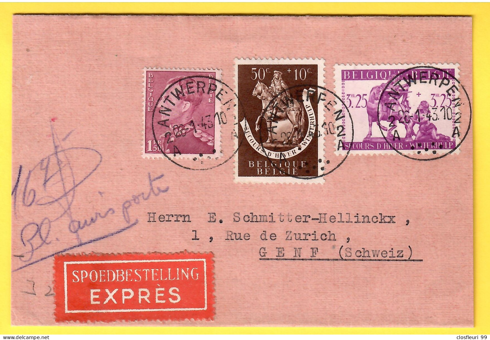 Superbe Lettre De Censure Pour Genève, 31.1.1943 / Express, Cachets D'arrivée - Guerra '40-'45 (Storia Postale)