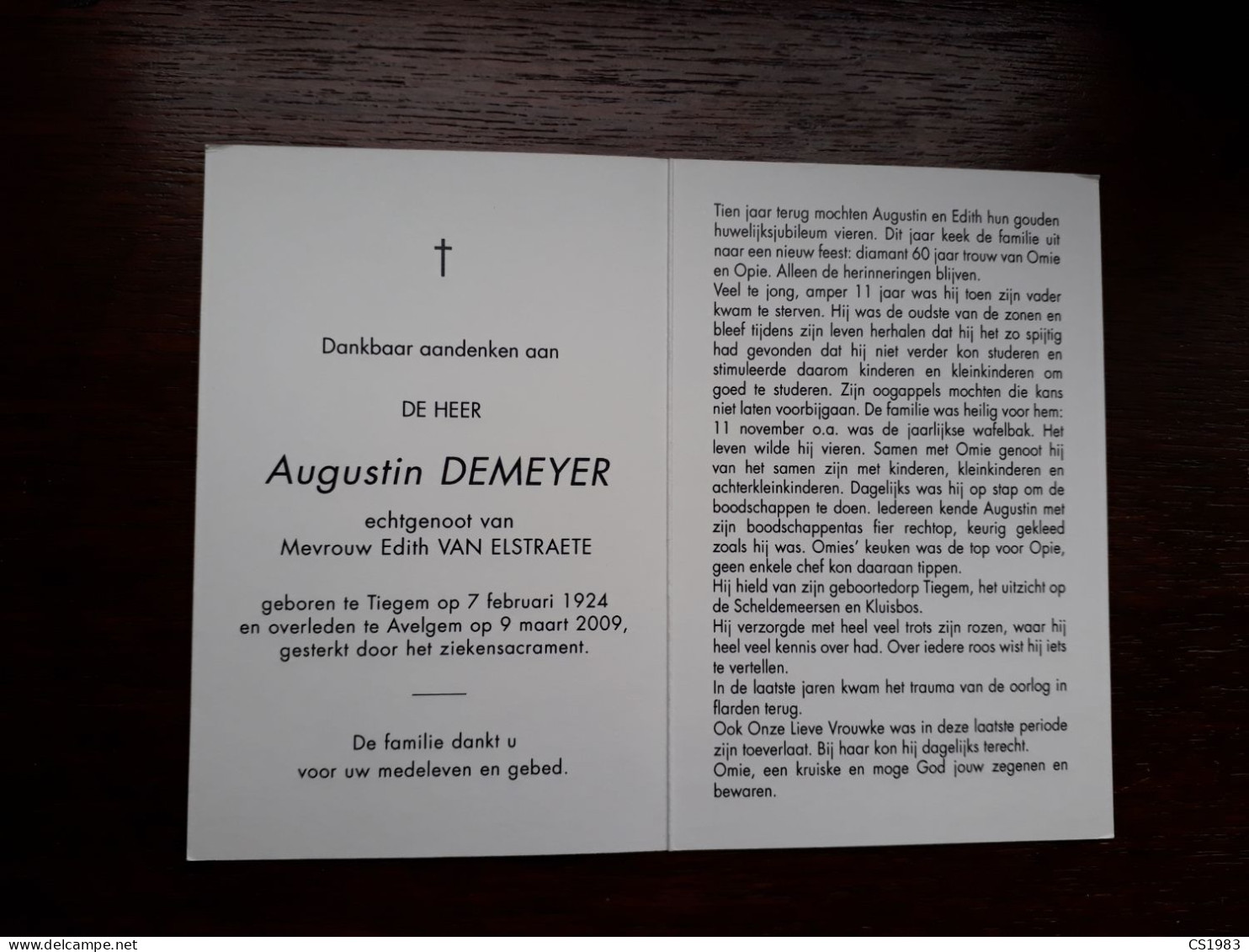 Augustin Demeyer ° Tiegem 1924 + Avelgem 2009 X Edith Van Elstraete - Obituary Notices