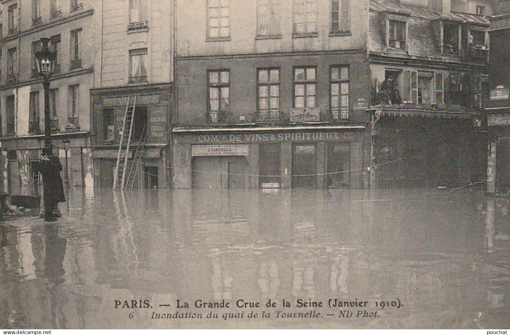 IN 27 -(75) PARIS  - INONDATION DU QUAI DE LA TOURNELLE - ECHELLES DE SECOURS- COMMERCE DE  VINS SOUS LES EAUX - 2 SCANS - Alluvioni Del 1910