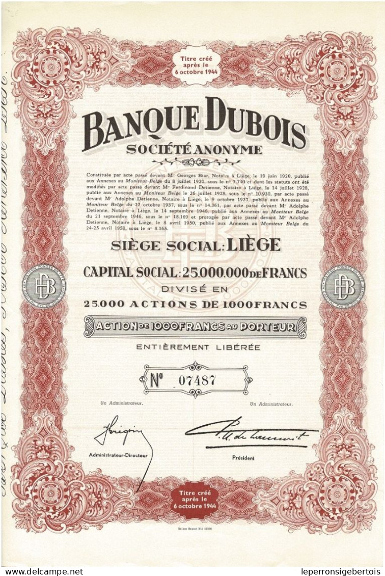 - Titre De 1950 - Banque Dubois - Société Anonyme  - EF - Banca & Assicurazione