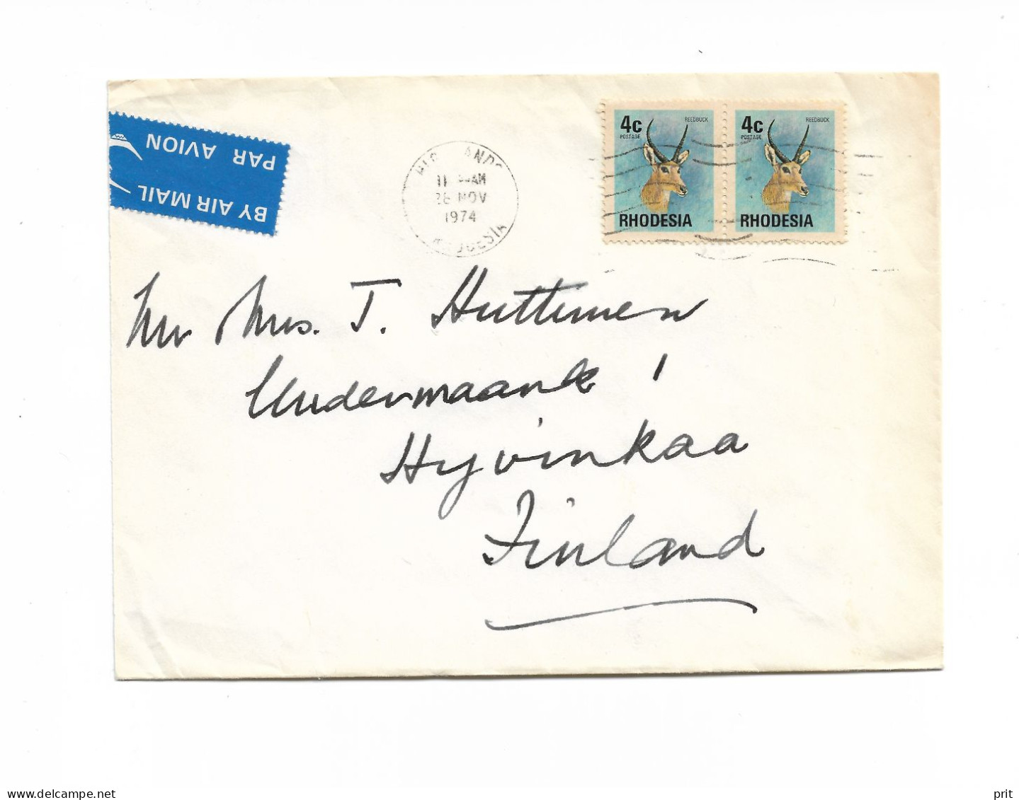 British Rhodesia Airmail Cover To Finland 1974 4C Stamp Pair, Highlands Postmark (suburb Of Salisbury / Harare) - Rhodésie (1964-1980)