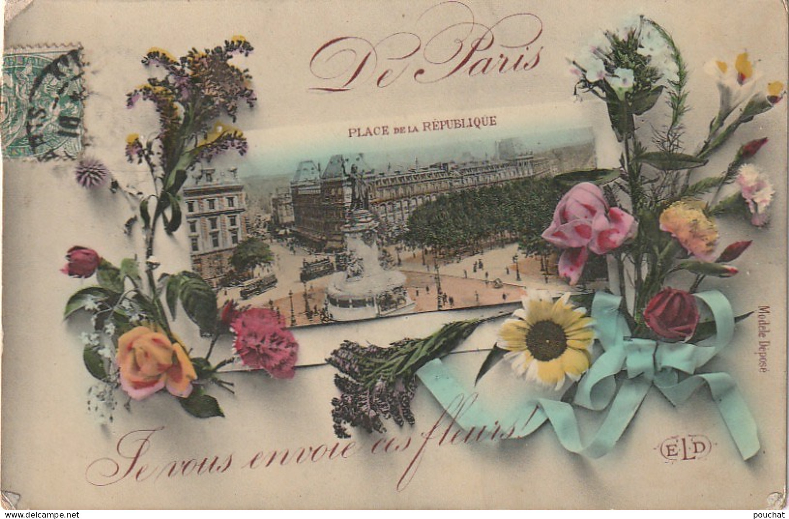 JA 4 - (75) PARIS - PLACE DE LA REPUBLIQUE - STATUE - " JE VOUS ENVOIE CES FLEURS " - CARTE FANTAISIE COULEURS - 2 SCANS - Sonstige Sehenswürdigkeiten