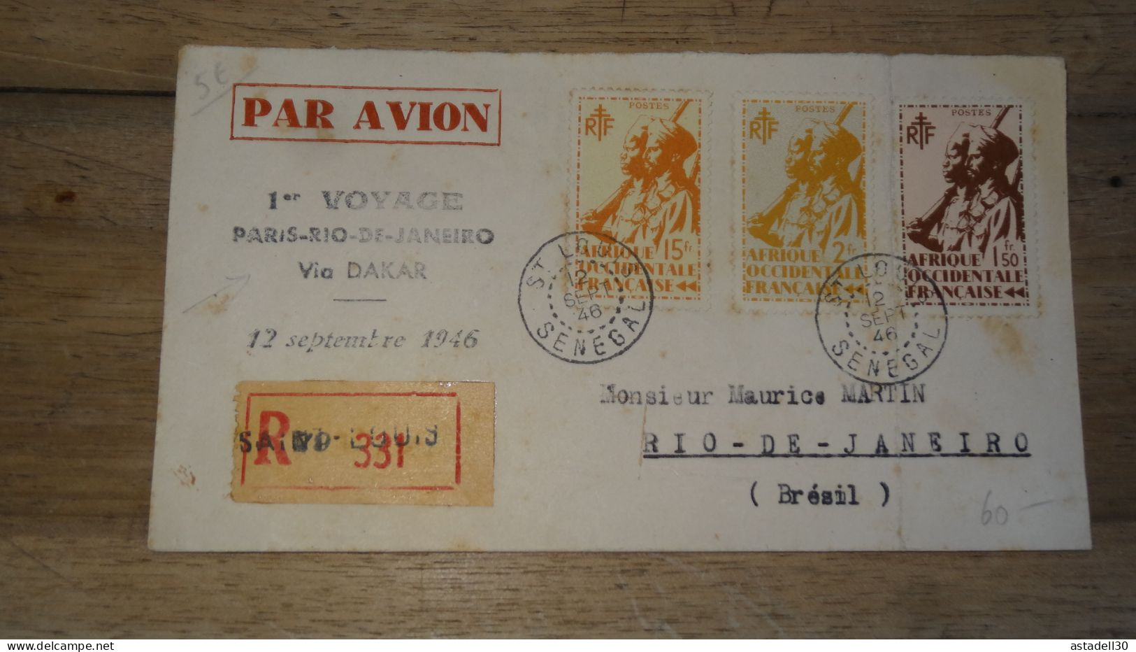 Enveloppe AOF, St Louis 1946, 1er Voyage Paris, Rio, Via Dakar   ......... Boite1 ...... 240424-115 - Cartas & Documentos