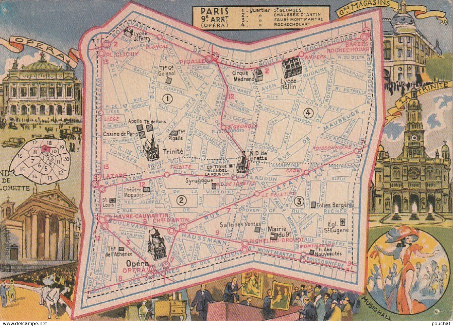 JA 6 -(75) LES ARRONDISSEMENTS DE PARIS ILLUSTRES - IXe ARRt  L ' OPERA - CARTE ILLUSTREE COLORISEE - 2 SCANS - Arrondissement: 09