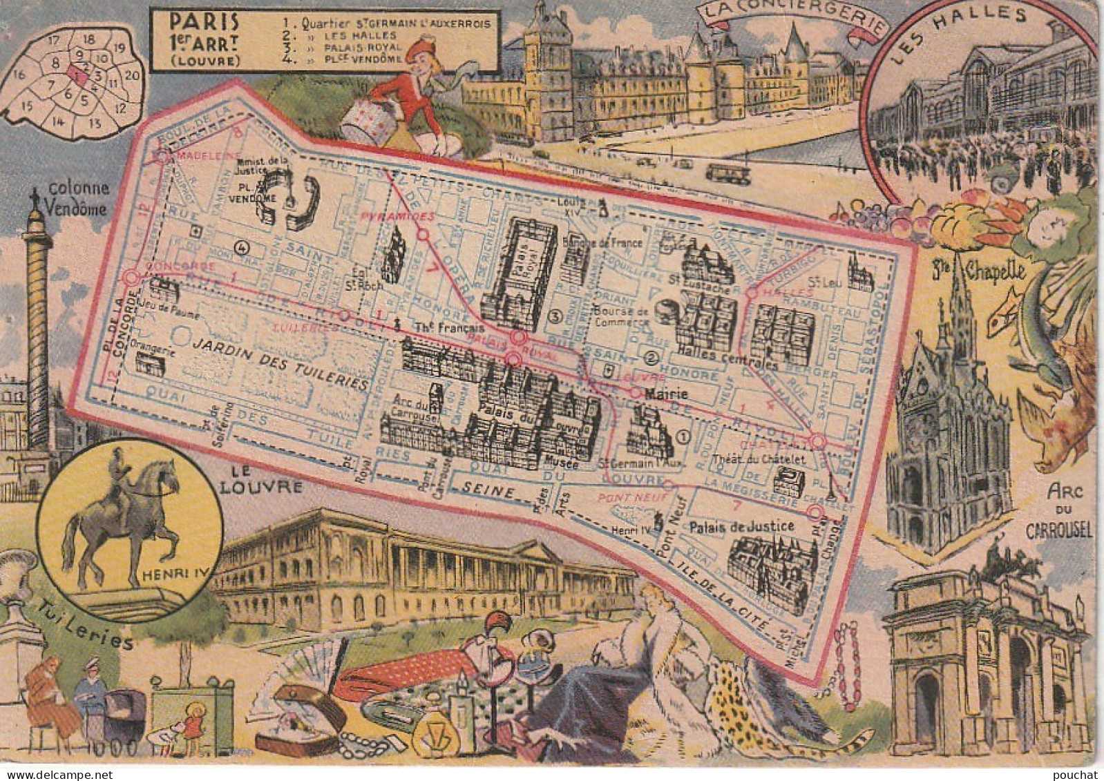 JA 6 -(75) LES ARRONDISSEMENTS DE PARIS ILLUSTRES - Ier ARRt  LE LOUVRE - CARTE ILLUSTREE COLORISEE - 2 SCANS - District 01