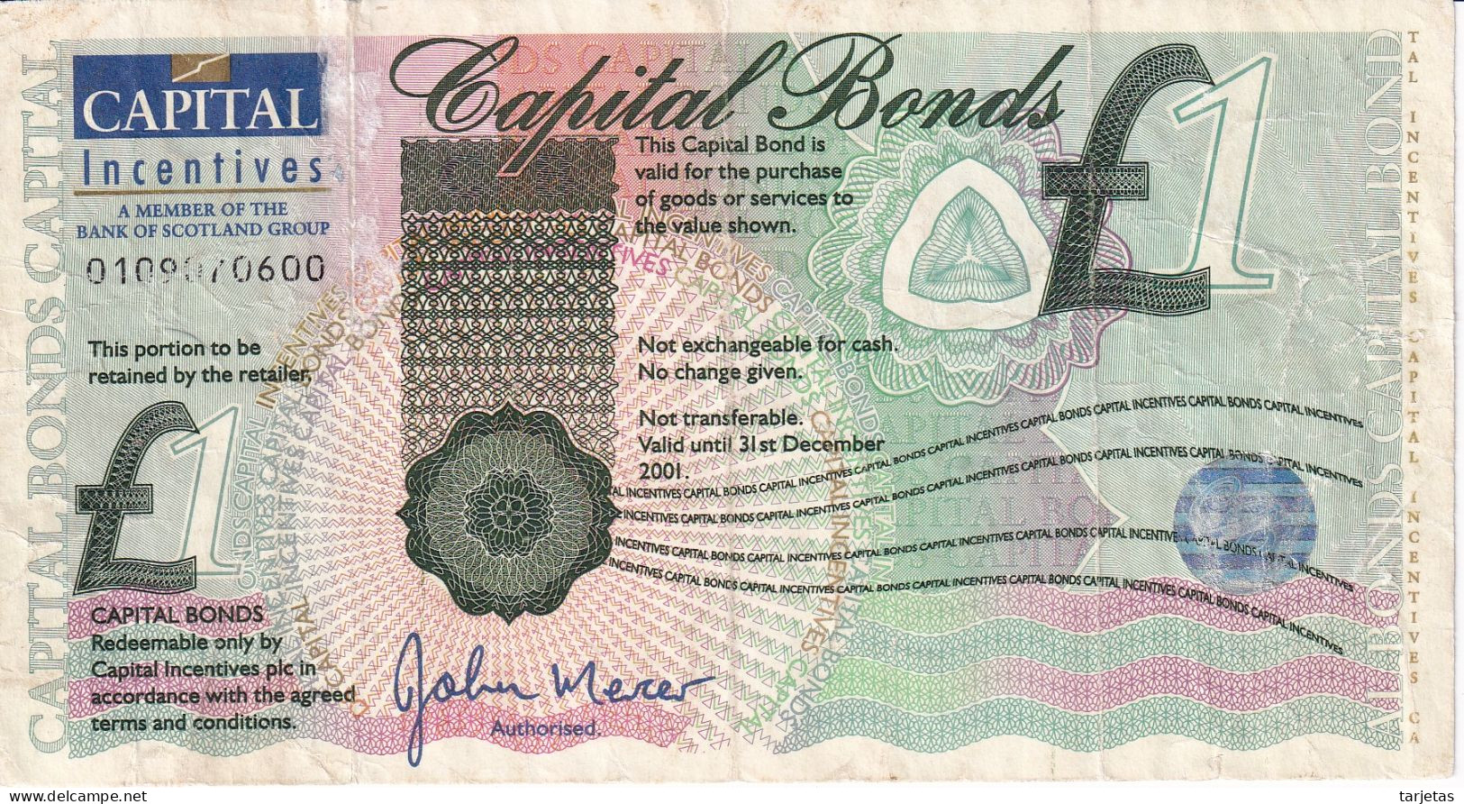 BILLETE - BONO DE ESCOCIA DE 1 POUND CAPITAL BONDS  (BANKNOTE) RARO - 1 Pond