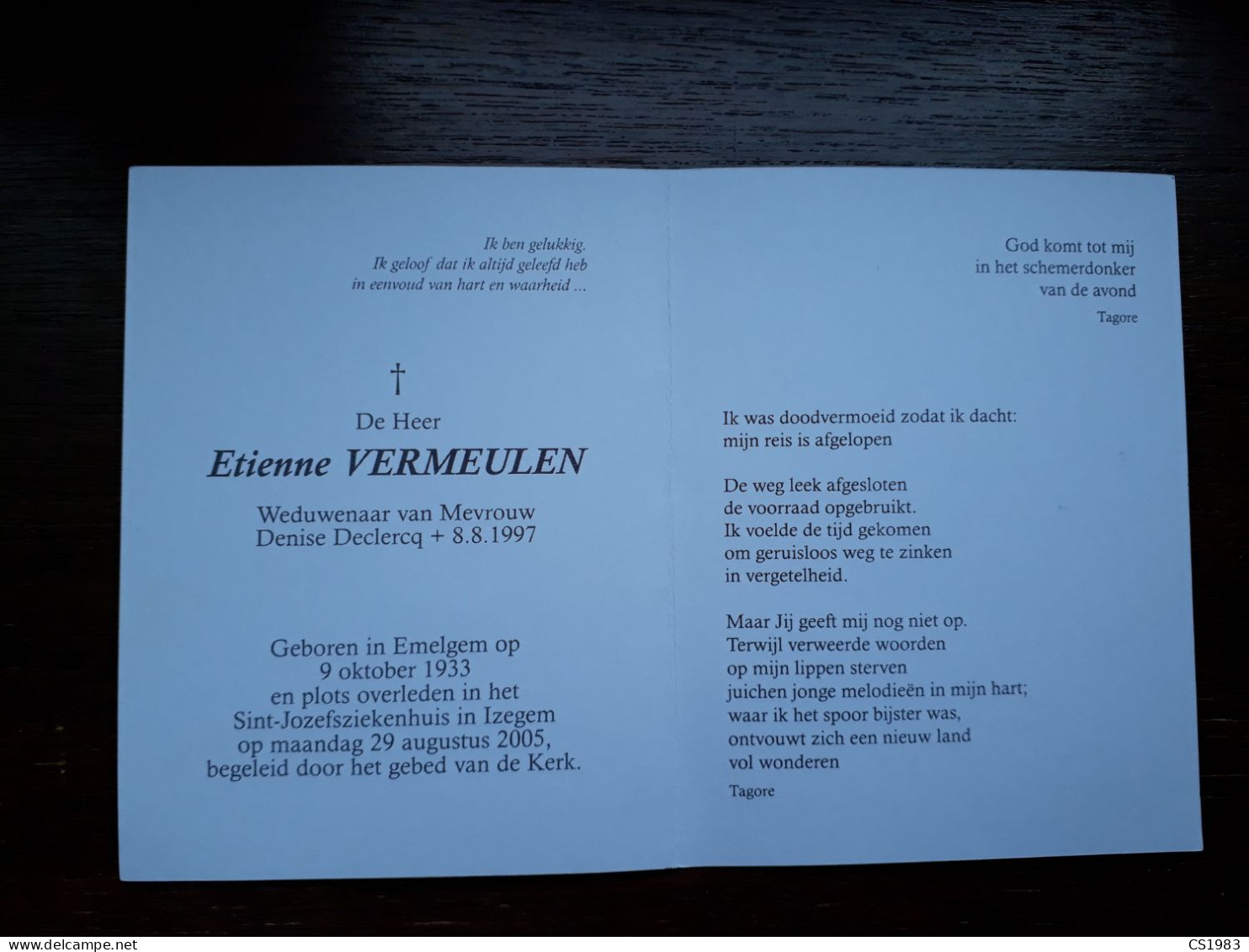 Etienne Vermeulen ° Emelgem 1933 + Izegem 2005 X Denise Declercq (Fam: Buyse-Natran-Depoortere-Bal-Landuyt-Noyez) - Todesanzeige