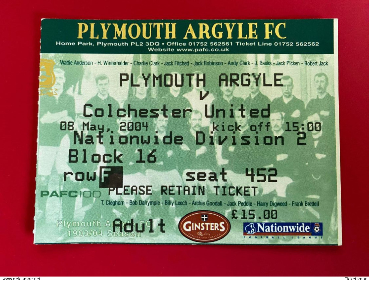 Football Ticket Billet Jegy Biglietto Eintrittskarte Plymouth Argyle - Colchester United 08/05/2004 - Tickets - Entradas