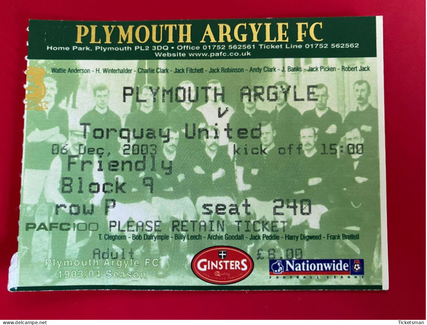 Football Ticket Billet Jegy Biglietto Eintrittskarte Plymouth Argyle - Torquay United 06/12/2003 - Tickets - Entradas