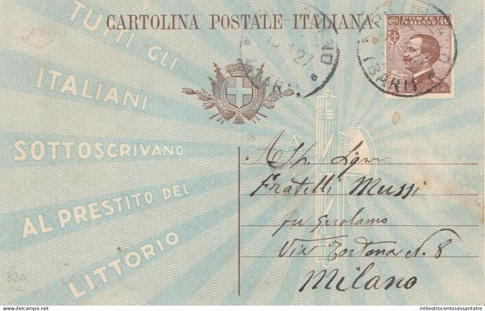2356 -REGNO - Intero Postale Pubblicitario " PRESTITO DEL LITTORIO ." Da Cent.40 Bruno Del 1927 Da Putignano A Milano - Reklame
