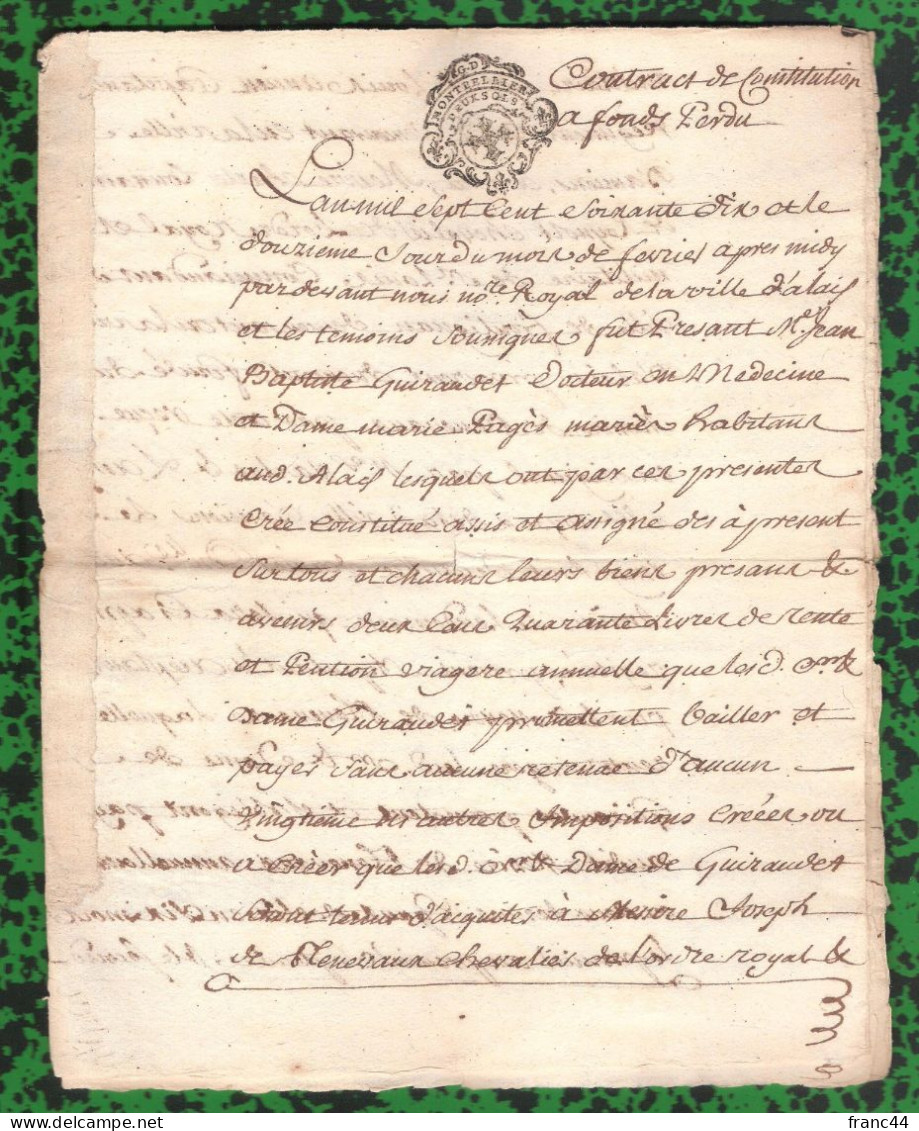 1770 - Généralité De Montpellier - "Ville D'Alais" : Contrat De Constitution à Fonds Perdus - V. Description - Historical Documents