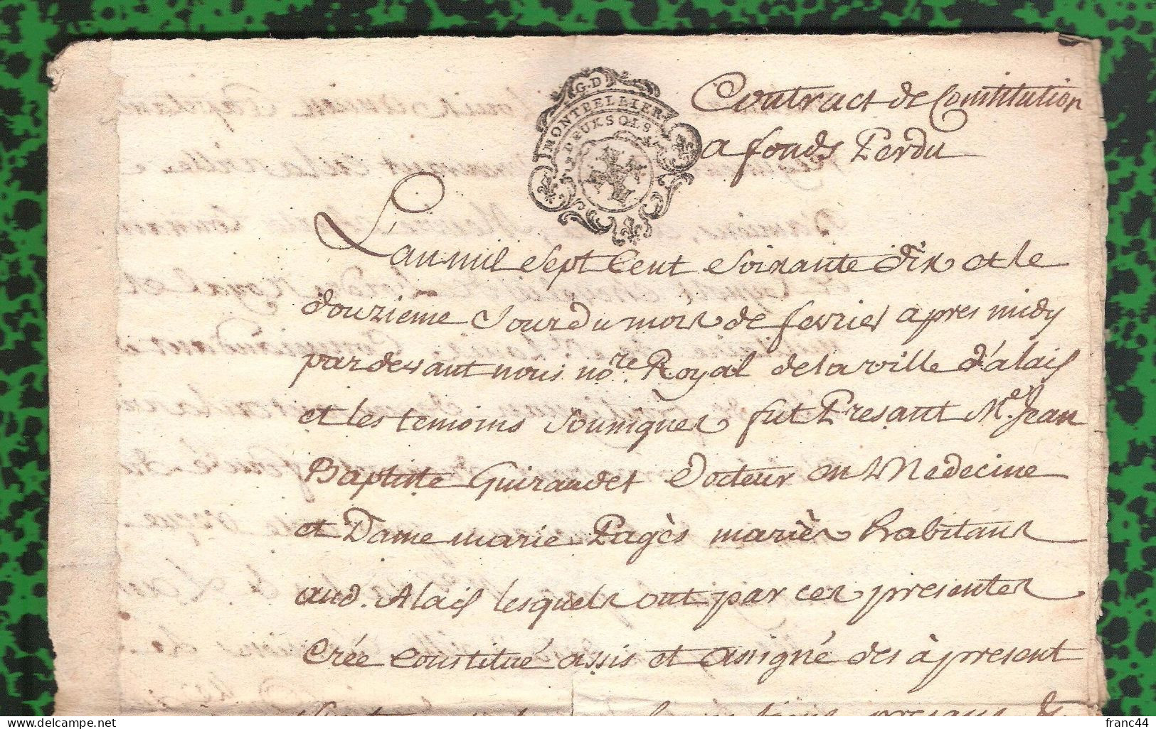 1770 - Généralité De Montpellier - "Ville D'Alais" : Contrat De Constitution à Fonds Perdus - V. Description - Historical Documents