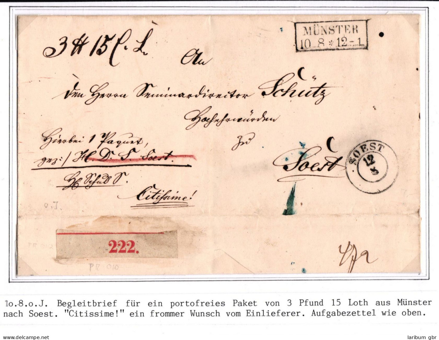 Vorphila Paketbegleitbrief Aus Münster Nach Soest #IB619 - Prephilately