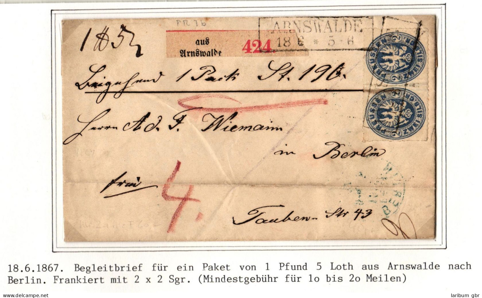 Preußen Paketbegleitbrief Von 1867 Frankiert Mit 2x2 Sgr. #IB642 - [Voorlopers