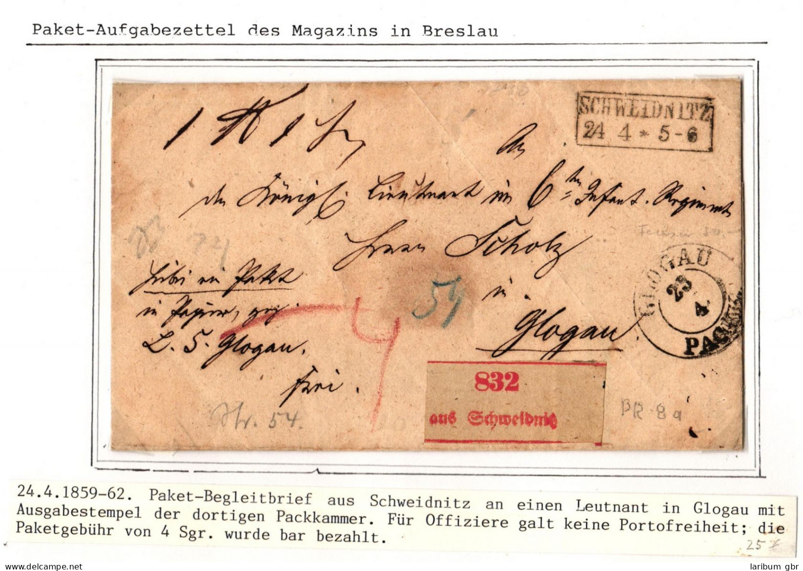 Preußen Paketbegleitbrief Barzahlung Glogau Ausgabe #IB664 - Cartas & Documentos