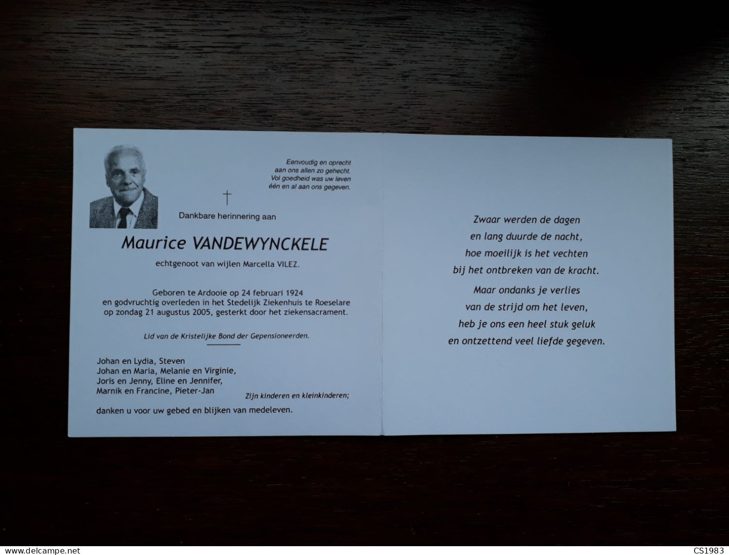 Maurice Vandewynckele ° Ardooie 1924 + Roeselare 2005 X Marcella Vilez - Obituary Notices