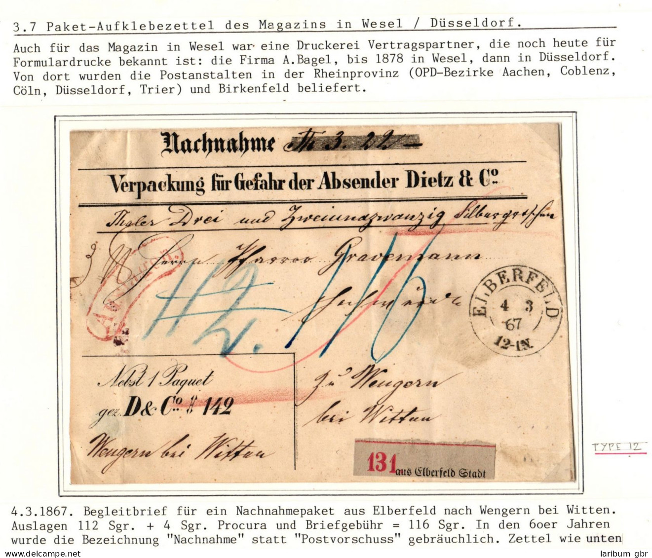 Preußen Paketbegleitbrief Für Ein Nachnahmepaket Magazin Wesel #IB676 - Cartas & Documentos