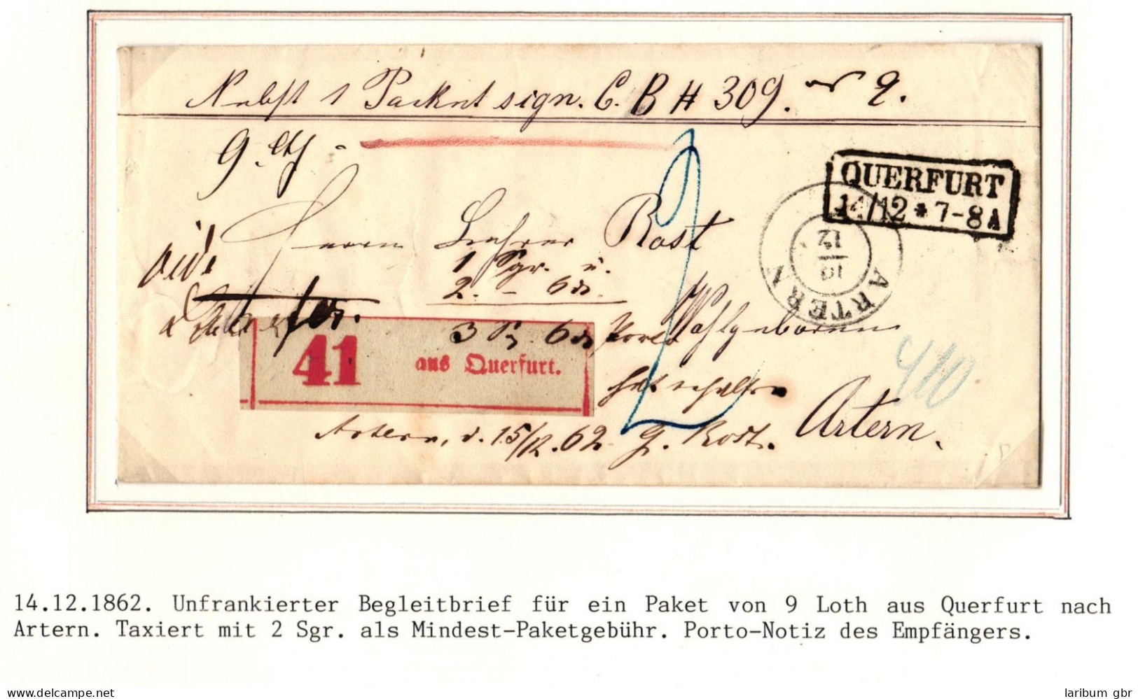 Preußen Paketbegleitbrief Aus Querfurt Mit Aufgabezettel #IB671 - Storia Postale