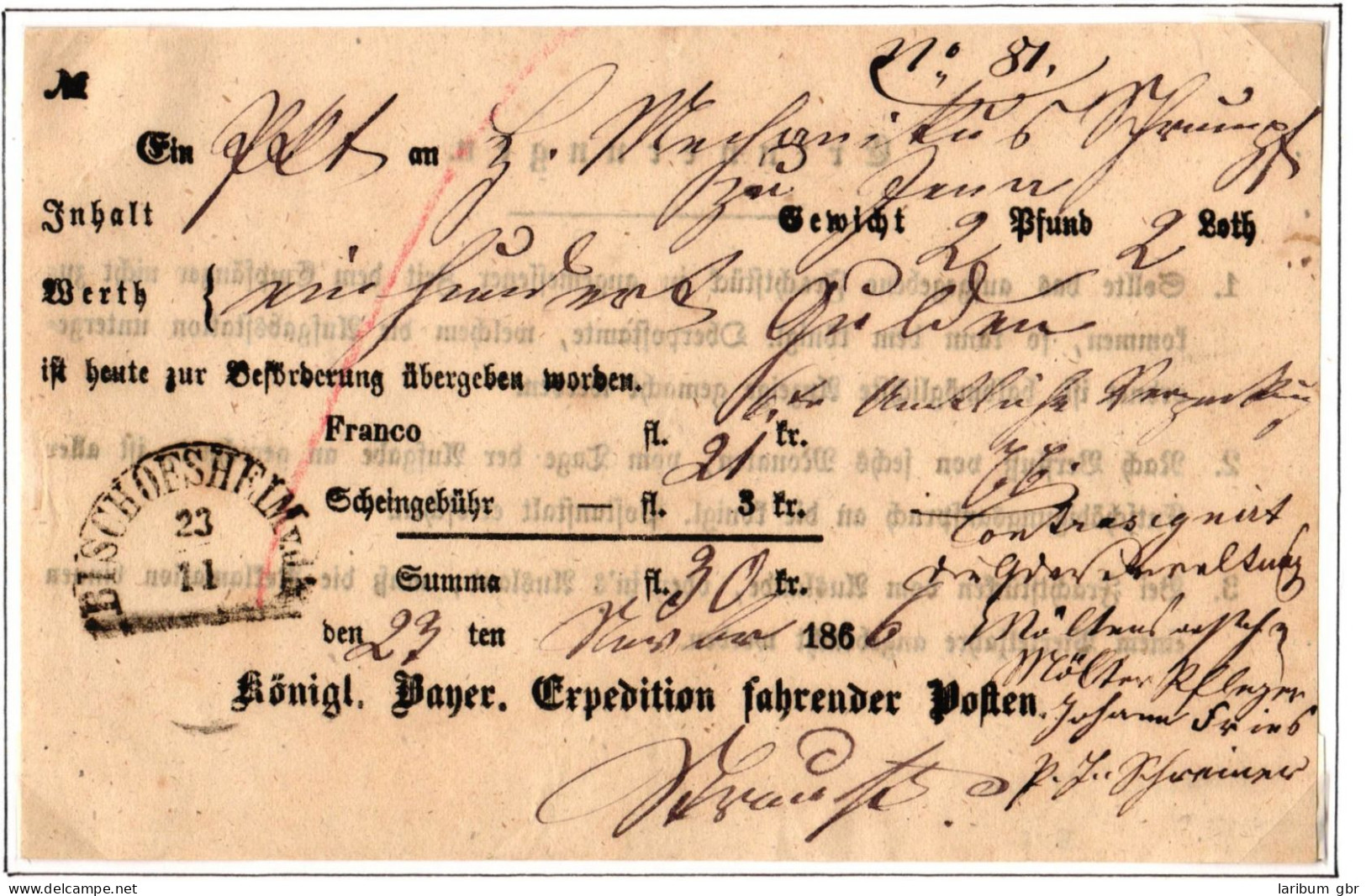 Bayern Fahrpost Bischofsheim 1866 Empfangsbescheinigung #IB781 - Briefe U. Dokumente