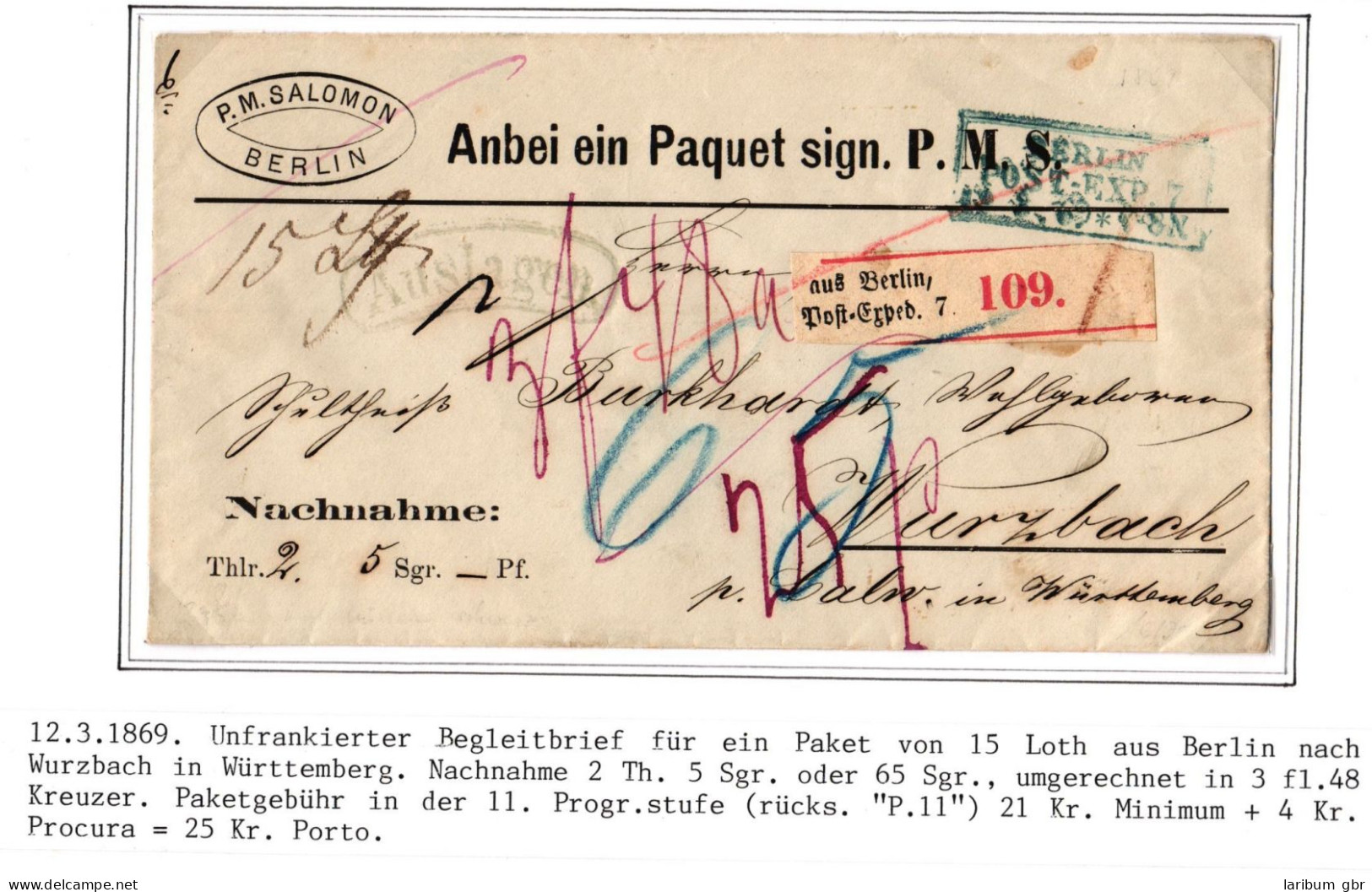 Preußen Paketbegleitbrief Mit Postvorschuss Aus Berlin Nach Wurzbach #IB729 - Lettres & Documents